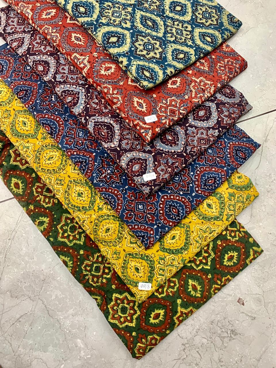 Artisan-crafted Ajrakh cotton fabric wholesale showcasing classic manufacturing-style geometric print by Fabtexs.